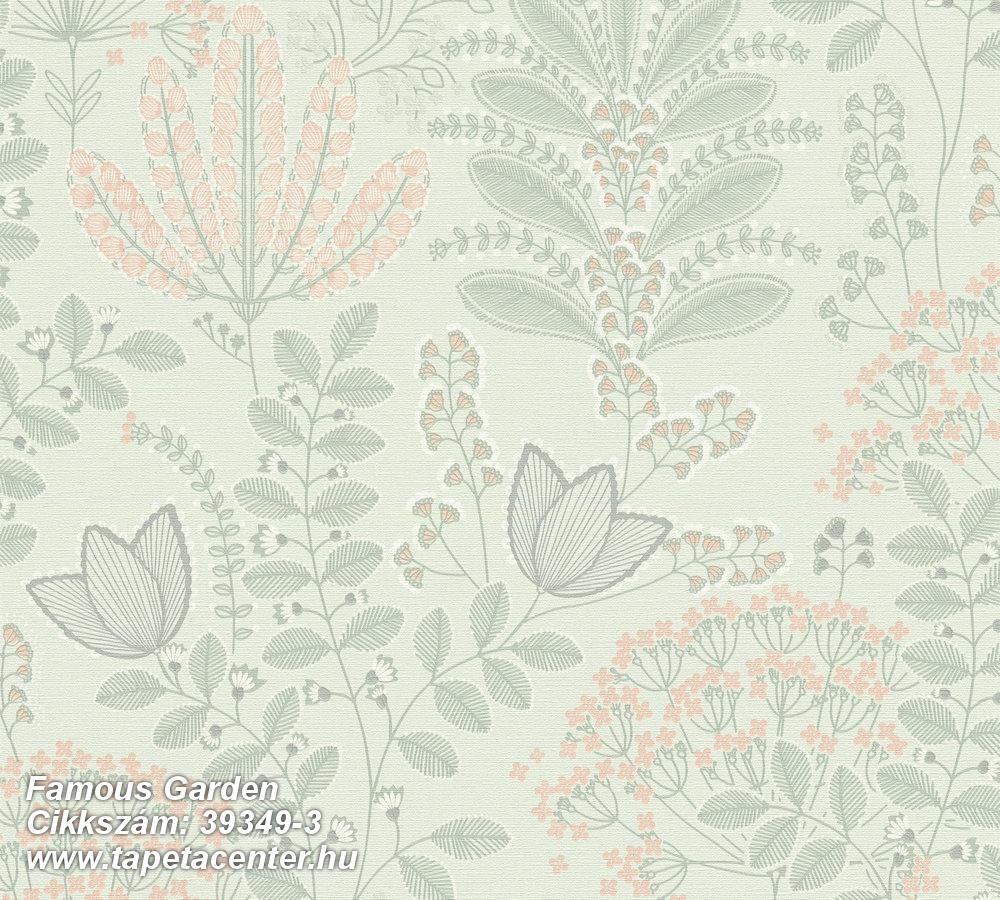 Természeti mintás,textil hatású,fehér,pink-rózsaszín,zöld,súrolható,vlies tapéta 